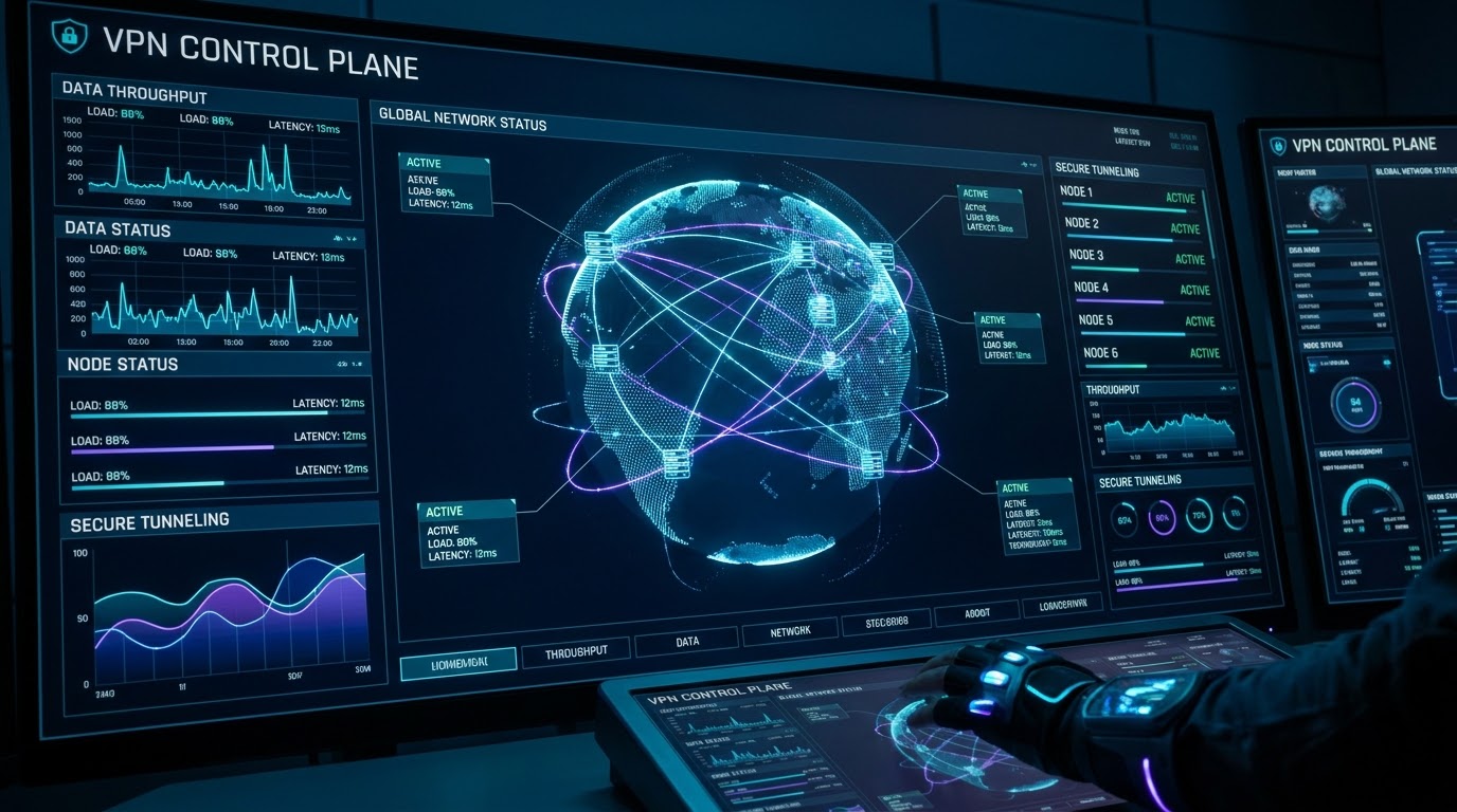 Switchyard control plane: global network status, per-node throughput and secure tunnelling